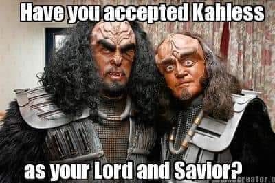 This meme is a play on the iconic Star Trek: The Next Generation "I am Locutus" scene, where a Borg drone says "You will be assimilated. Resistance is futile." Here, it's been modified to say "You will be assimilated. You will be... Klingon." The image shows a Borg drone with a Klingon's head superimposed over it, with the Borg drone's voice saying "You will be... Klingon."